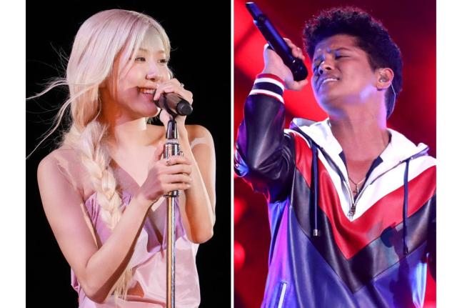 This collage shows Rosé (left) performing at the Global Citizen Festival in New York on September 27, and Bruno Mars performing at the 59th annual Grammy Awards in Los Angeles on February 12, 2017.