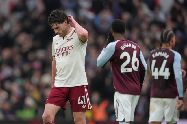 
Arsenal’s Declan Rice (left) reacts after the English Premier League football match against Aston Villa in Birmingham, England, yesterday.