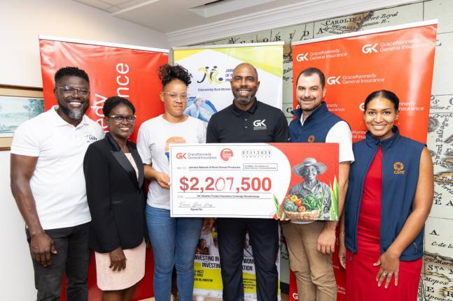 From left: Orette Duncan, client and partner services manager, GK General Insurance (GKGI); Marva Allen-Simms, board director, Jamaica Network of Rural Women Producers; poultry farmer, Shariann Brown, who recently received a symbolic cheque of $2.2m for th