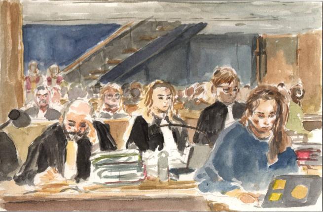 This courthouse sketch provided by TRIAL international dated Dec. 3, 2025, shows Me Henri Thulliez, left, lawyer for the plaintiffs in Paris during the trial of former Congolese rebel leader Roger Lumbala, who received a 30- year sentence over atrocities c