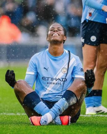 Manchester City’s Khadija Shaw celebrates scoring her 100th goal for club during a Women’s Super League game against Aston Villa at the Joie Stadium in Manchester, England, on Sunday.
