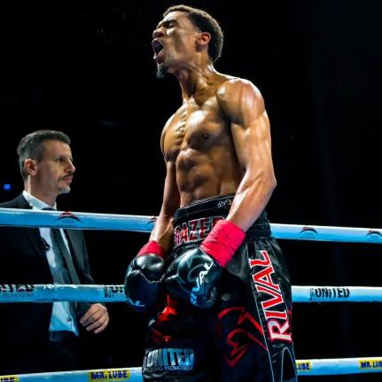 Joshua Frazer celebrates the third-round knockout of Petr Brodsky on November 24, 2024.