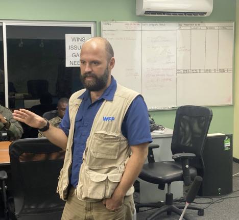 Cash Officer, World Food Programme (WFP), Lorenzo Nerantzis, addressing a recent meeting of the National Emergency Operations Centre (NEOC) at the Office of Disaster Preparedness and Emergency Management (ODPEM) in St Andrew.