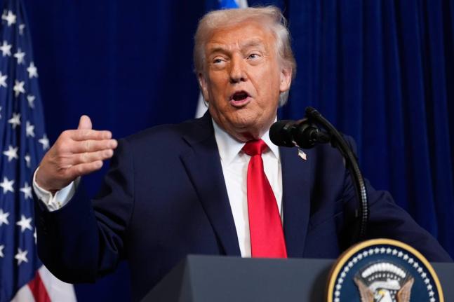 President Donald Trump speaks during a news conference with Israel's Prime Minister Benjamin Netanyahu at Mar-a-Lago, Monday, December 29, 2025, in Palm Beach, Fla. (AP Photo/Alex Brandon)