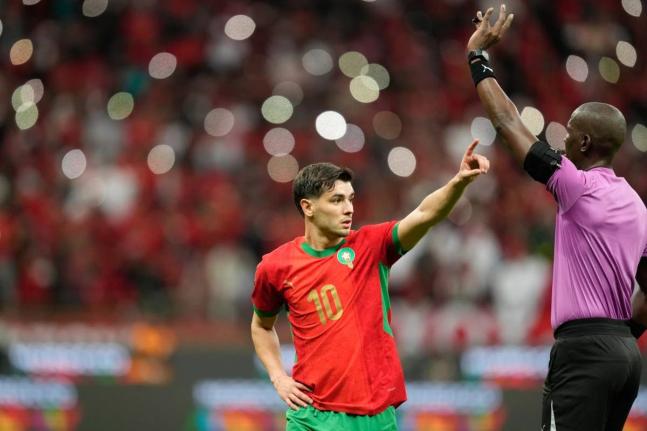 Morocco’s Brahim Diaz celebrates during the Africa Cup of Nations round-of-16 match between Morocco and Tanzania in Rabat, Morocco, yesterday.  Diaz scored the 64th-minute winner in Morocco’s 1-0 victory. 