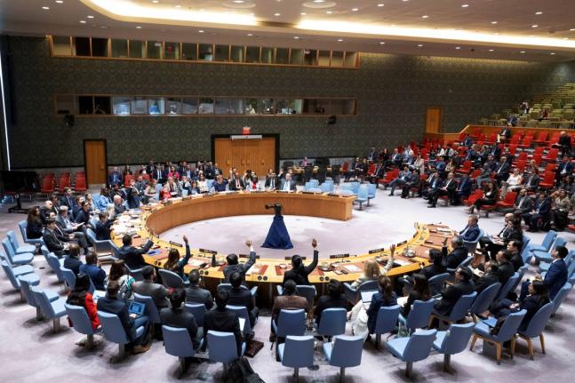 In this photo provided by the United Nations, members of the UN Security Council vote to approve its first resolution endorsing a cease-fire plan aimed at ending the eight-month war between Israel and Hamas in Gaza, Monday, June 10, 2024. (Eskinder Debebe/
