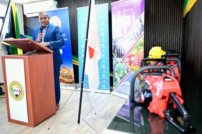 Minister of Agriculture, Fisheries and Mining, Floyd Green, looks at the professional-grade chainsaws (foreground) provided through a United Nations Industrial Development Organization (UNIDO) project, funded by the Government of Japan, during a handover c