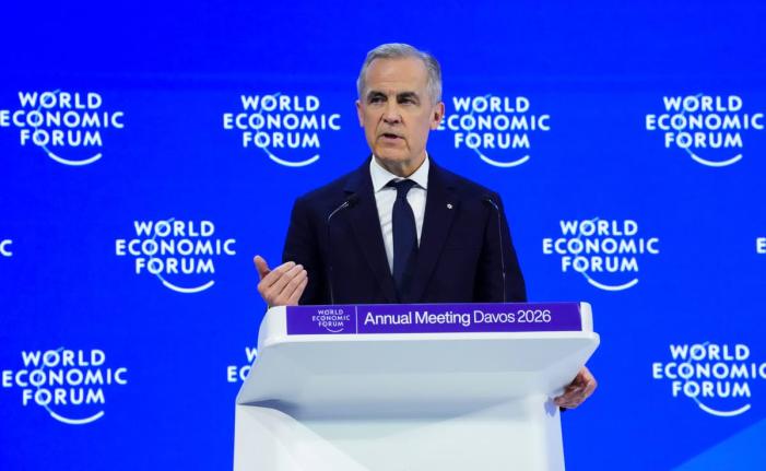 Canadian Prime Minister Mark Carney delivers a speech at the World Economic Forum in Davos, Switzerland.