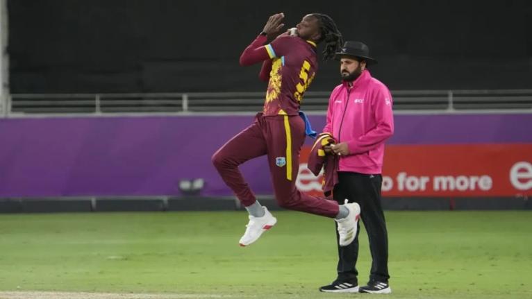 West Indies pacer Shamar Springer gets ready to deliver during the third T20I against Afghanistan at the Dhubai International Stadium yesterday. Springer ended with figures of 4-20 to lead West Indies to an unlikely victory.