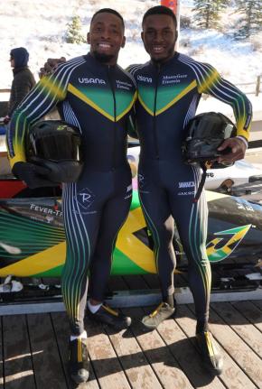 Joel Fearon (left) and Shane Pitter, members of Jamaica’s two-man bobsleigh team to the Winter Olympics.