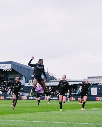 Manchester City’s Khadija Shaw celebrates scoring the winning goal against the London City Lionesses at the Copperjax Community Stadium on Sunday.