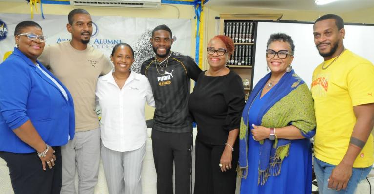 It was all smiles at the launch of the third  Ardenne Optima 5K at the school recently. From left:  Sian Wilson , principal of Calabar High; Maurice Smith, Olympian; Chanice Wilson, executive director of Barita Foundation; Christopher Taylor , Olympian; Fl