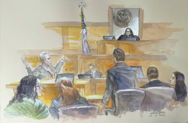 This courtroom sketch shows Ryan Routh, left, throwing his arms up directed at US District Judge Aileen Cannon in frustration as jury selection begins in the trial of Routh, who is charged with attempting to assassinate Donald Trump last year at a golf cou