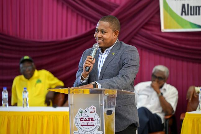 Minister of Agriculture, Fisheries and Mining, Floyd Green, delivering the keynote address at a Founders' Weekend event at the College of Agriculture, Science and Education (CASE) in Portland on January 31.