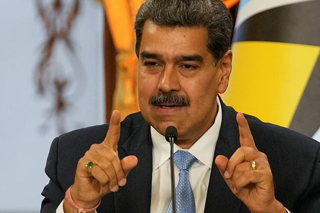 Venezuelan President Nicolás Maduro speaks during a meeting with St Lucia's Prime Minister Philip Joseph Pierre at the Miraflores presidential palace in Caracas, Venezuela, Friday, October 6, 2023. (AP Photo/Matias Delacroix)