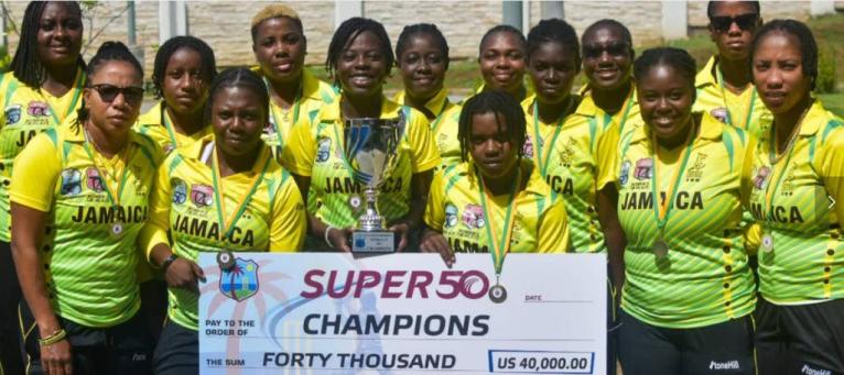 Jamaica Women dethroned Trinidad and Tobago Women to lift the regional Super50 Cup title. Holding the championship trophy is captain Rashada Williams (front, centre).