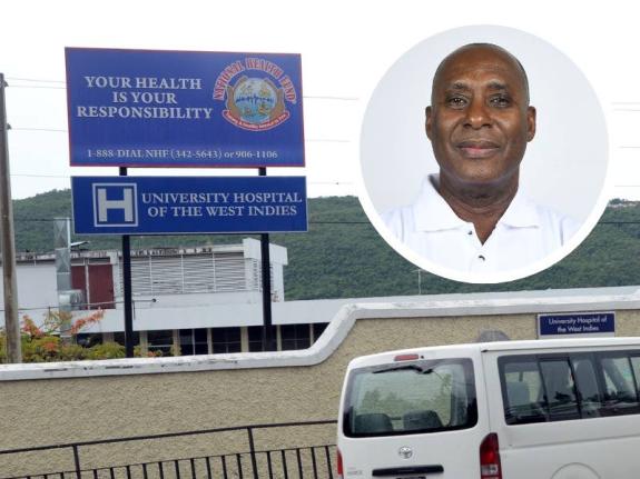 This combination image shows Dennis Gordon, the PNP MP for St Andrew East Central and founder of JACDEN (inset), juxtaposed with entrance to the University Hospital of the West Indies. 