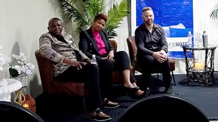 Josh Morgerman (right), fields questions from the fireside chat audience, along with the Golf View team, Kemilee Mclymont-Campbell (centre), co-owner; and Dr. Richard Smith, general manager.