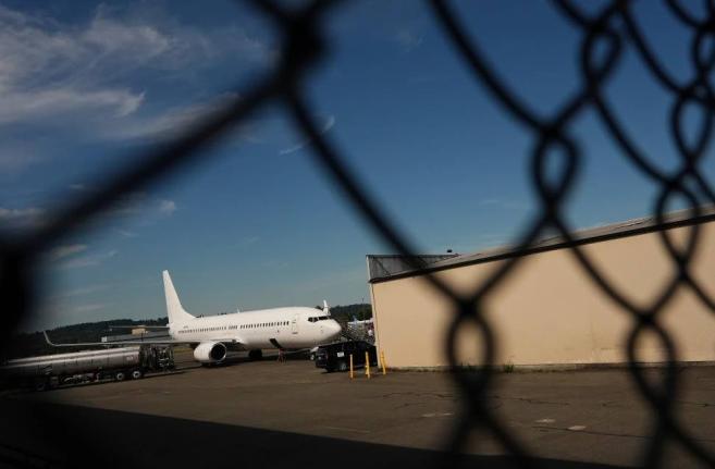 A US Immigration and Customs Enforcement flight operates out of King County International Airport-Boeing Field, August 23, 2025, in Seattle.