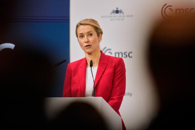 European Union foreign policy chief Kaja Kallas speaks during the Munich Security Conference.