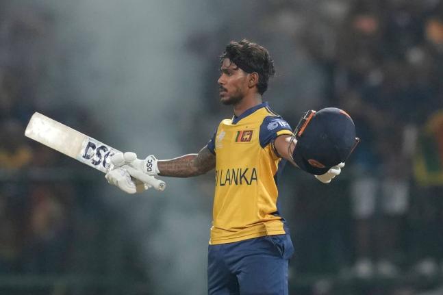 Sri Lanka’s Pathum Nissanka celebrates scoring a century during the T20 World Cup cricket match against Australia in Pallekele, Sri Lanka yesterday.