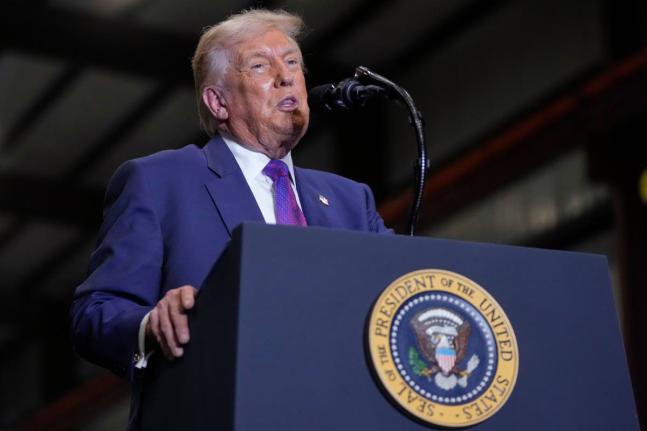 President Donald Trump speaks at Coosa Steel Corporation in Rome, Ga., Thursday, February 19, 2026. (AP Photo/Mark Schiefelbein)