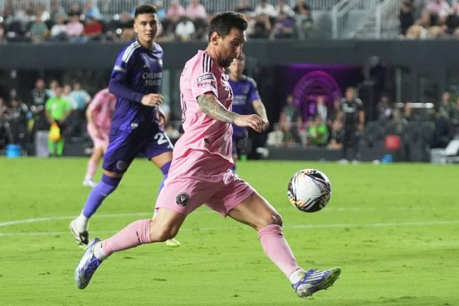 Inter Miami forward Lionel Messi controls the ball during the second half of a Leagues Cup semifinal match against Orlando City on Wednesday, August 27, 2025, in Fort Lauderdale, Florida.