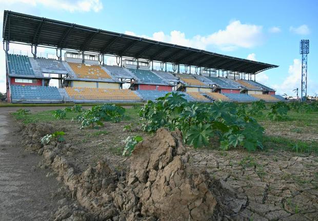 Vegetation taking root on the playing field at the Montego Bay Sports Complex.