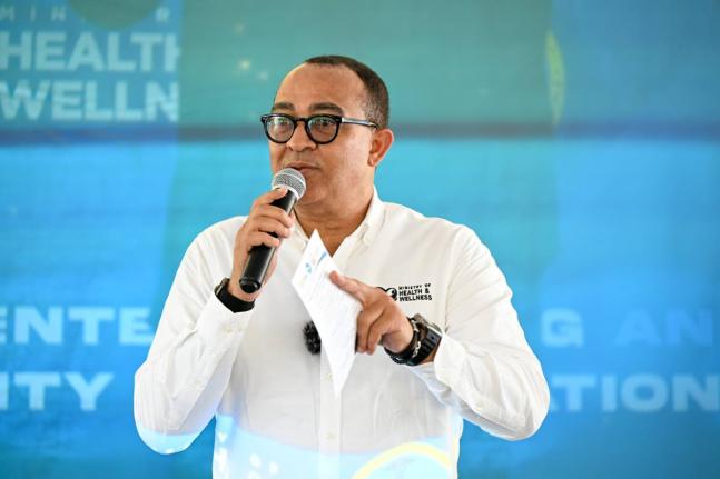 Minister of Health and Wellness, Dr Christopher Tufton, addresses residents of Belfield, St Mary, during the official opening of the newly renovated Belfield Community Health Centre on February 19.