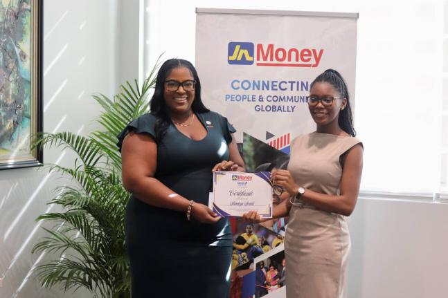 Sanya Wallace-Innerarity (left), assistant general manager for strategy, marketing and sales at JN Money Services, with Shantoya Smikle.