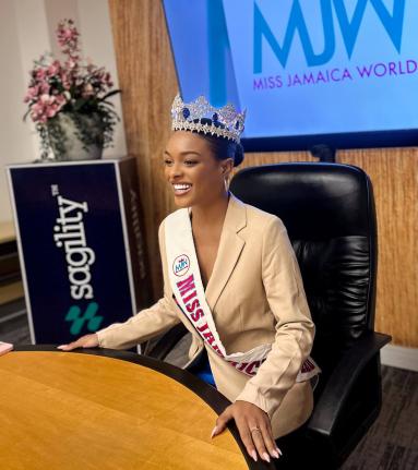 Miss Jamaica World 2025 Nevaeh Allen during her recent visit to the Sagility Angels location in St Catherine, where she participated in a fireside-style chat in the company’s boardroom ahead of International Women’s Day.