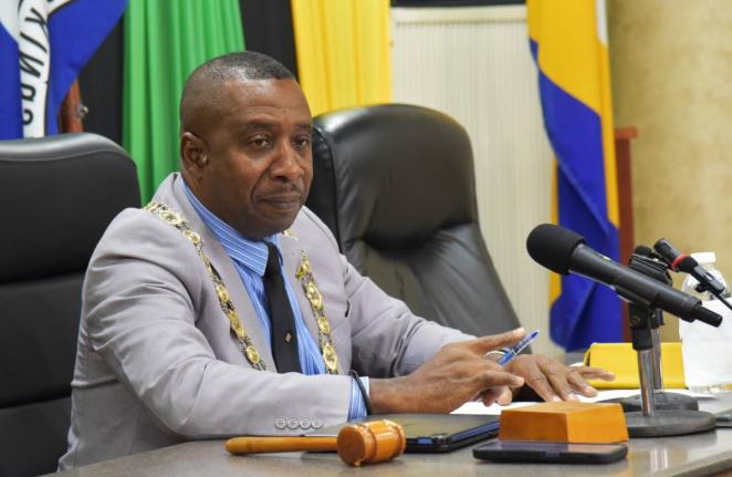 Mayor of Kingston, Councillor Andrew Swaby, addresses the monthly meeting of the Kingston and St Andrew Municipal Corporation held recently at the Corporation’s downtown Kingston offices.