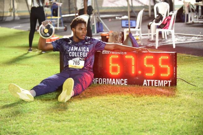 Joseph Salmon of Jamaica College celebrates after breaking the boys’ Class One discus record twice and winning gold at the 2026 ISSA/GraceKennedy Boys’ and Girls’ Athletics Championships at the National Stadium.