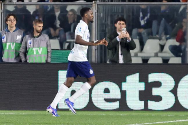 Inter Milan’s Marcus Thuram celebrates during the Serie A  match between Como and Inter, in Como, Italy, yesterday. Thuram scored a brace in Inter’s 4-3 win.