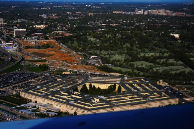 The Pentagon is seen from an airplane, Tuesday, April 7, 2026, in Washington. (AP Photo/Julia Demaree Nikhinson)