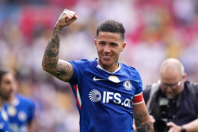 Chelsea’s Enzo Fernandez celebrates at the the end of the FA Cup semi-final  match against Leeds in London, England, yesterday.