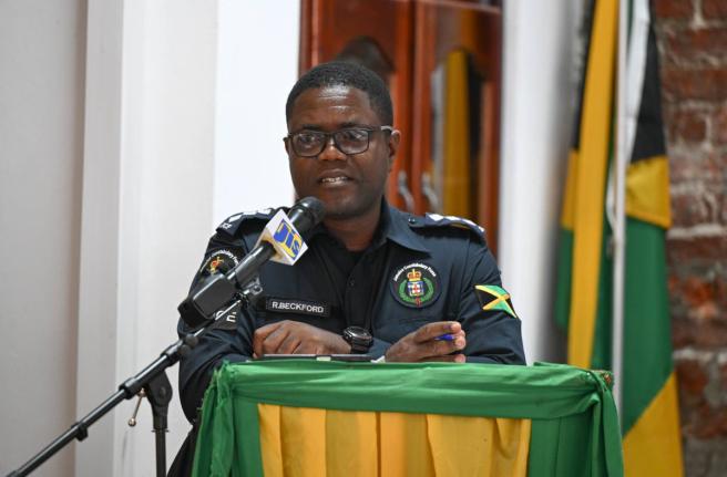 Deputy Superintendent and Operations Officer for the St Mary Police Division, Ricardo Beckford, delivers a presentation during the St Mary Municipal Corporation's Disaster Preparedness, Hazard Mitigation and Safety Committee Meeting in Port Maria, St Mary,