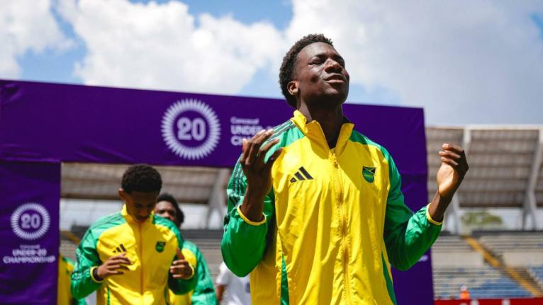 Jamaica’s U20 players enter the field ahead of their Concacaf U20 Championship football game against Canada on Friday.
