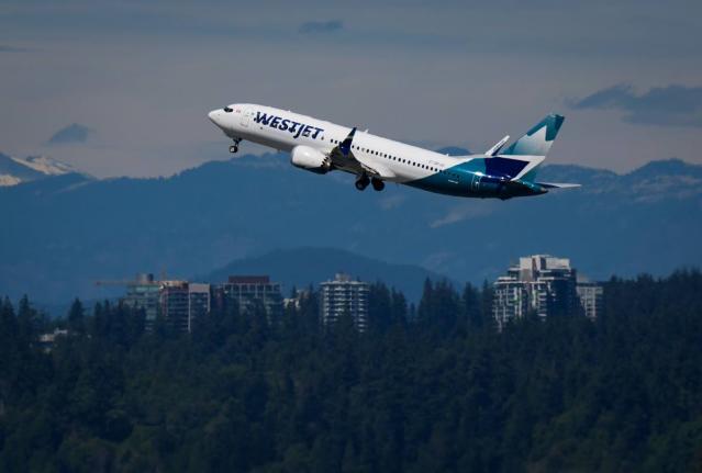 A WestJet Boeing 737 Max aircraft takes off from Vancouver International Airport in Richmond, British Columbia, Canada.