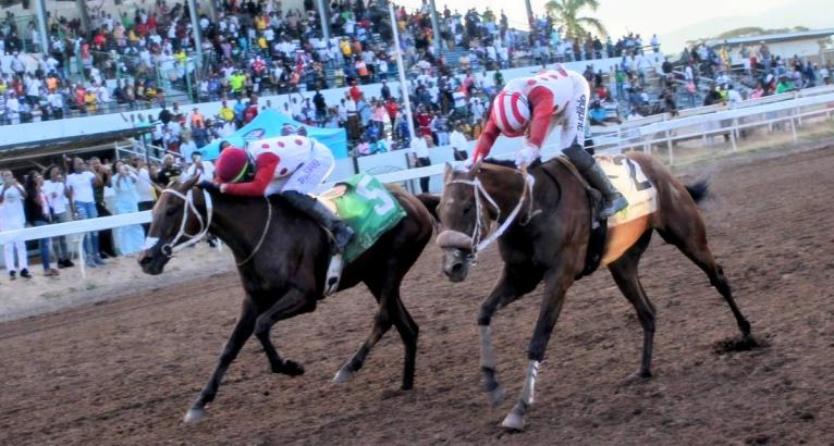 LONDON SPIRIT (left),  ridden by Tevin Foster, wins the 106th running of the Jamaica Derby ahead MAVERICK (Calvin Bailey) at Caymanas Park yesterday. 