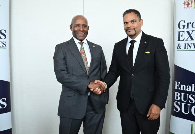 Minister of Industry, Investment and Commerce, Senator Aubyn Hill (left), greets the Republic of South Africa's Deputy Minister of International Relations and Cooperation, Alvin Botes, ahead of a High-Level Ministerial Luncheon at the AC Hotel by Marriott 