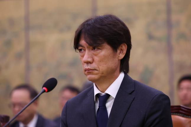 Former South Korea men’s national team head coach Hong Myung-bo attends a hearing on the Korea Football Association amid a controversy surrounding the management of the sport’s national governing body and its impact on the team’s World Cup performanc