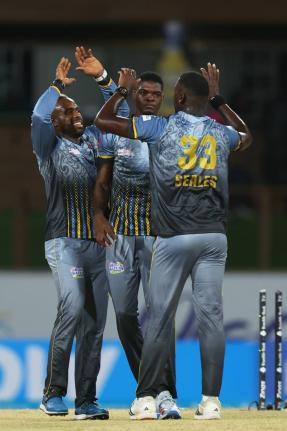CPL T20/SmartFrame From left: Antigua and Barbuda Falcons captain Fabian Allen, Alzarri Joseph, and Jayden Seals celebrate during their nail-biting two-wicket over Jamaica Kingsmen in the opening match of the Caribbean Premier League at Arnos Vale in St V