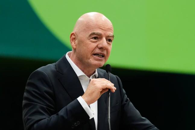 FILE - FIFA President Gianni Infantino makes comments during the opening ceremony of the International Broadcast Center, June 1, 2026, in Dallas. (AP Photo/Tony Gutierrez, File)