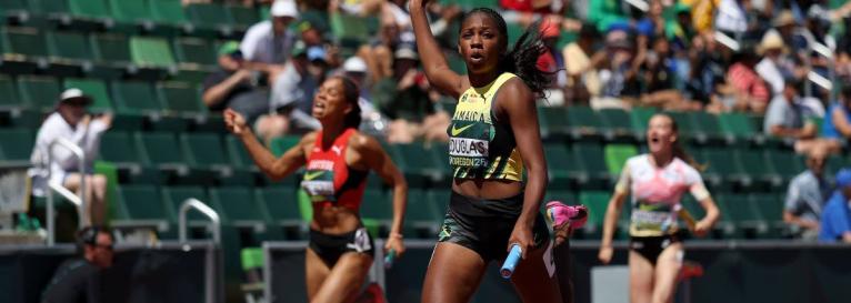 Shanoya Douglas anchors Jamaica to victory in the women’s 4x100 metres on the final day of the World Under-20 Championships in Oregon yesterday.  