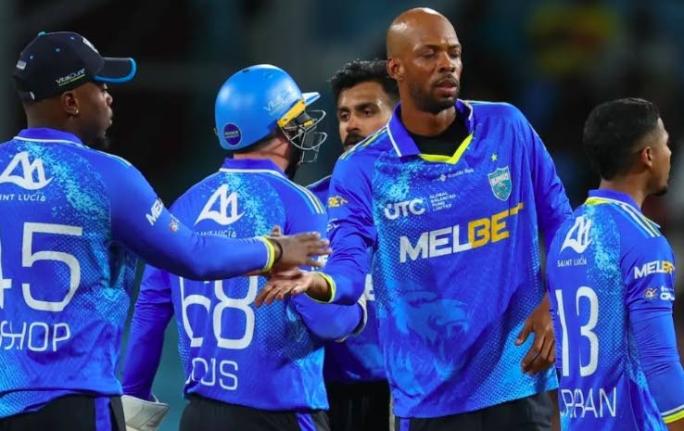 St Lucia captain Roston Chase celebrates with teammates after victory over the Antigua & Barbuda Falcons in the Republic Bank Caribbean Premier League last week.