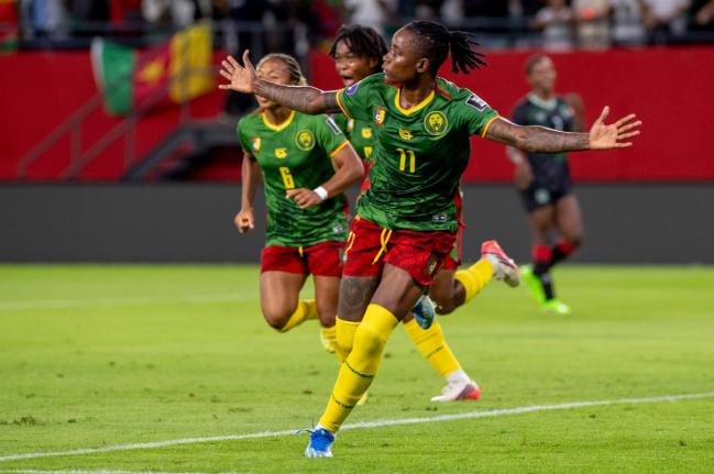  Cameroon’s Marie Ngah celebrates after scoring her team’s third goal against Malawi during the Women’s AFCON 2026 final match, in Rabat, Morocco, Sunday, August 16, 2026. 