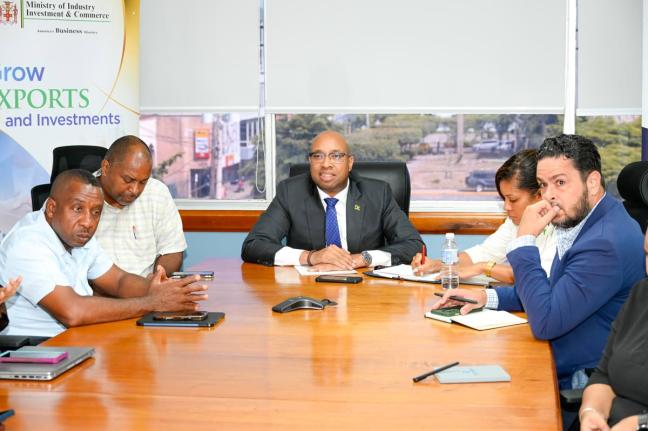 State Minister in the Ministry of Industry, Investment and Commerce, Delano Seiveright (centre), poses with key stakeholders following a recent meeting at the Ministry's offices in New Kingston. Pictured (from left) are Mayor of Kingston and Chairman of th