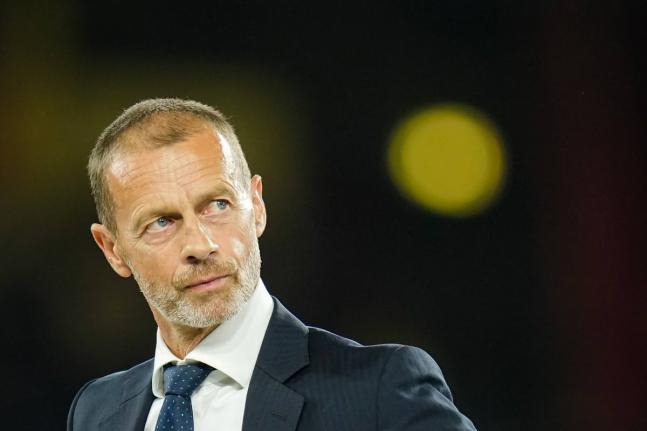 UEFA President Aleksander Ceferin looks on during the trophy ceremony at the end of the UEFA Super Cup soccer match between Paris Saint-Germain and Aston Villa in Salzburg, Austria, Wednesday, August12, 2026. 