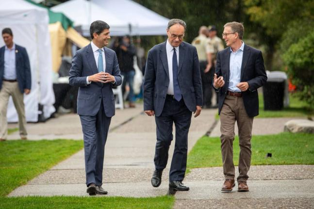AP 
US Fed Chair Kevin Warsh (left), Bank of England Governor Andrew Bailey, and Bank of Canada Governor Tiff Macklem arrive at the annual Jackson Hole Economic Policy Symposium. 